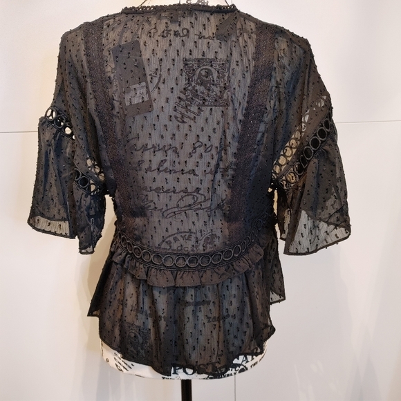Boho Embroidered Peplum Blouse NWT Sheer Swiss Dot Black Top - Picture 4 of 11
